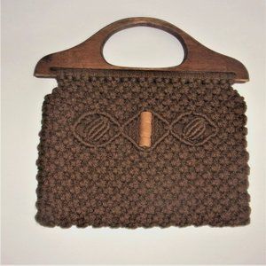 Vintage Handmade Boho Macrame Clutch Purse Handbag Wood Handles.